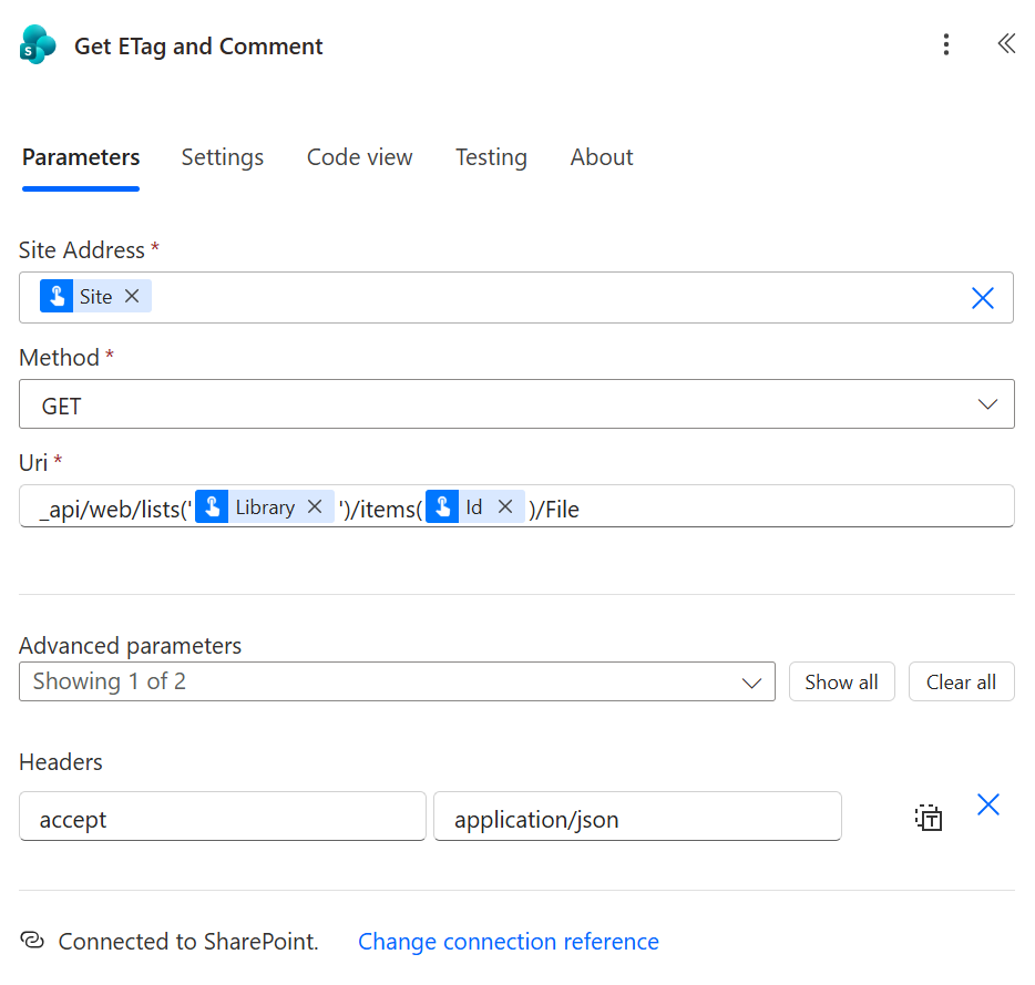 A screenshot of the Send HTTP Request to SharePoint step in Power Automate